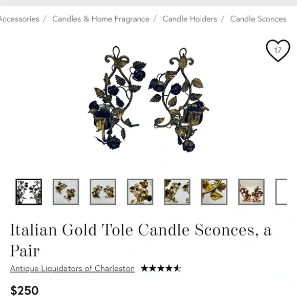 Italian Gold Tole Candle Sconces pair